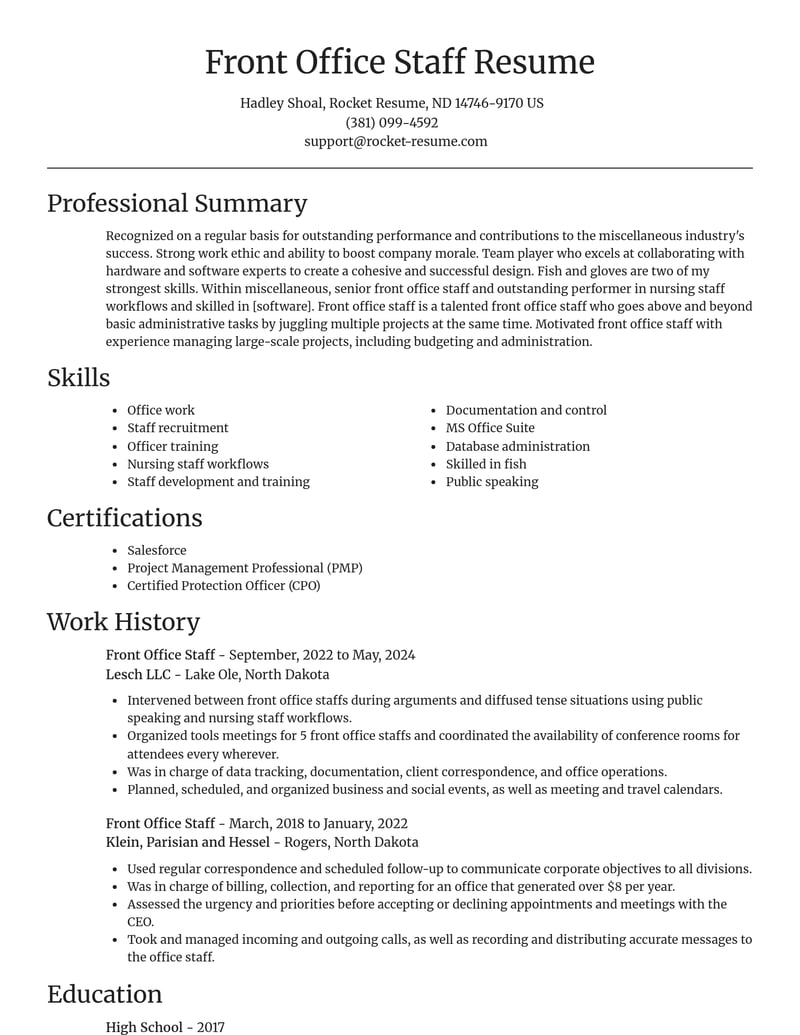 front office staff misc resume focal point template 0 foc