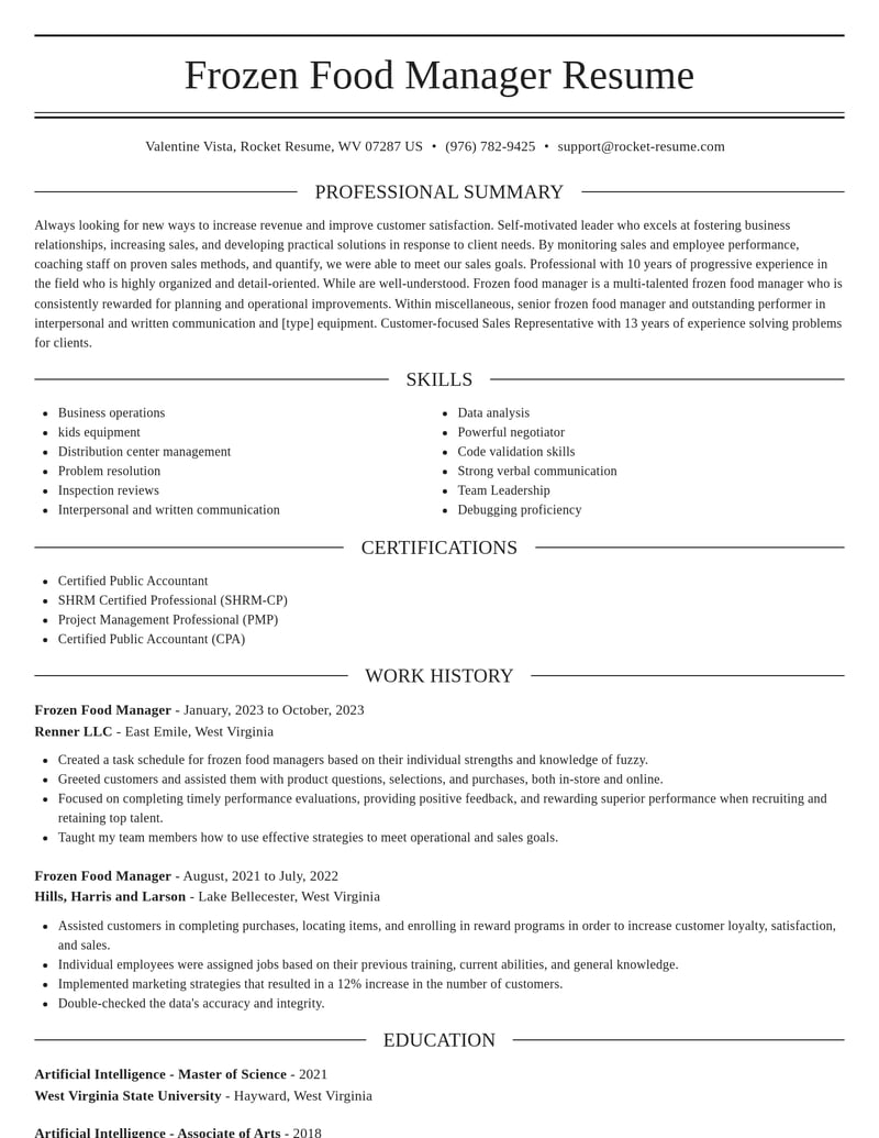 frozen food manager misc resume elegant template 2 ele