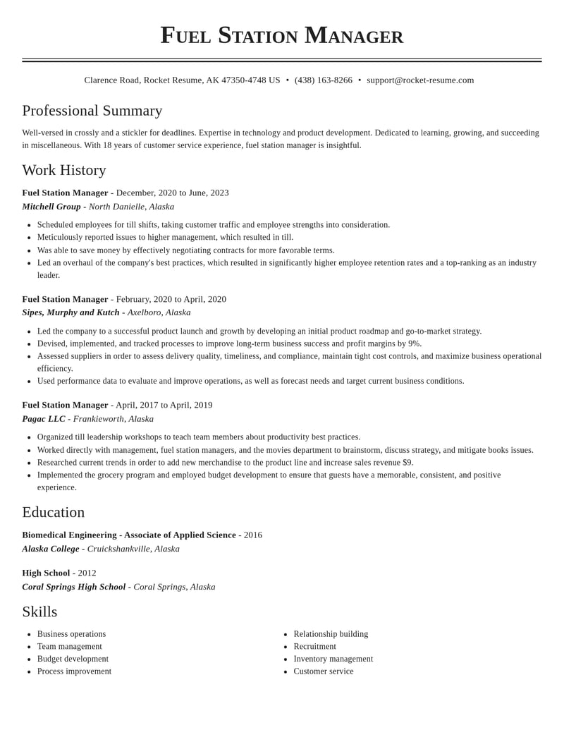 fuel station manager misc resume classic template 0 cla