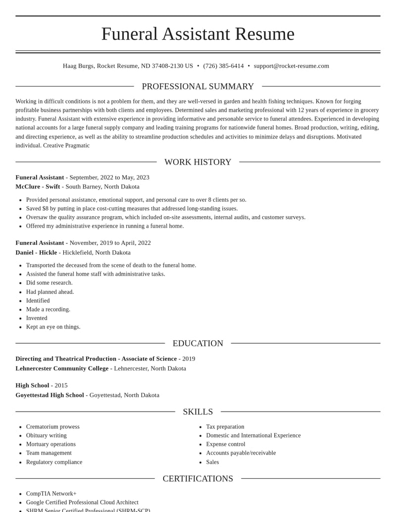 funeral assistant misc resume elegant template 2 ele