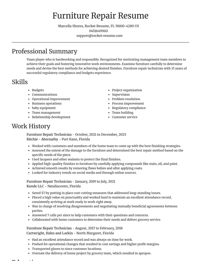 furniture repair technician misc resume focal point template 2 foc