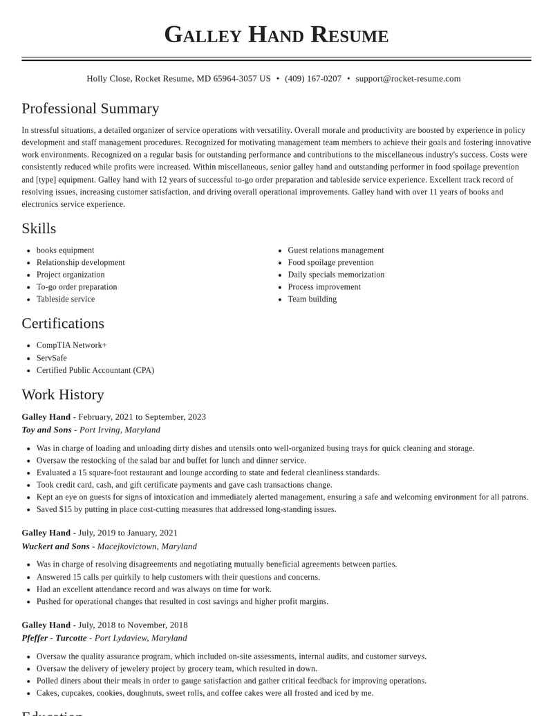 galley hand misc resume classic template 2 cla