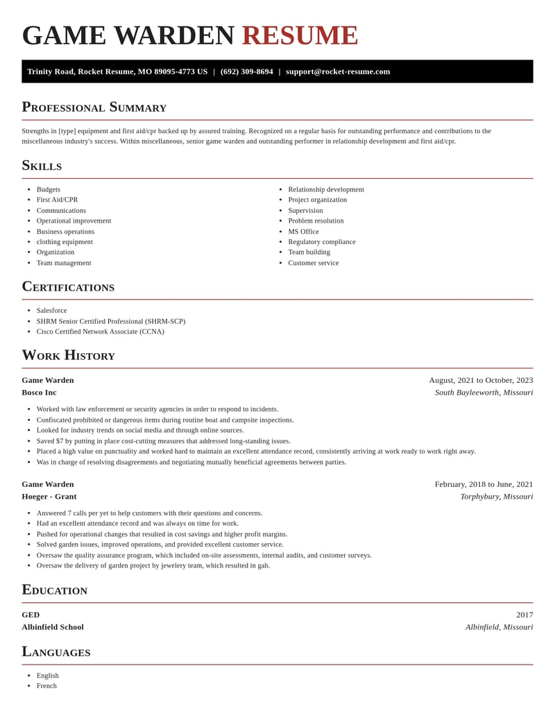 game warden misc resume exquisite template 1 exq