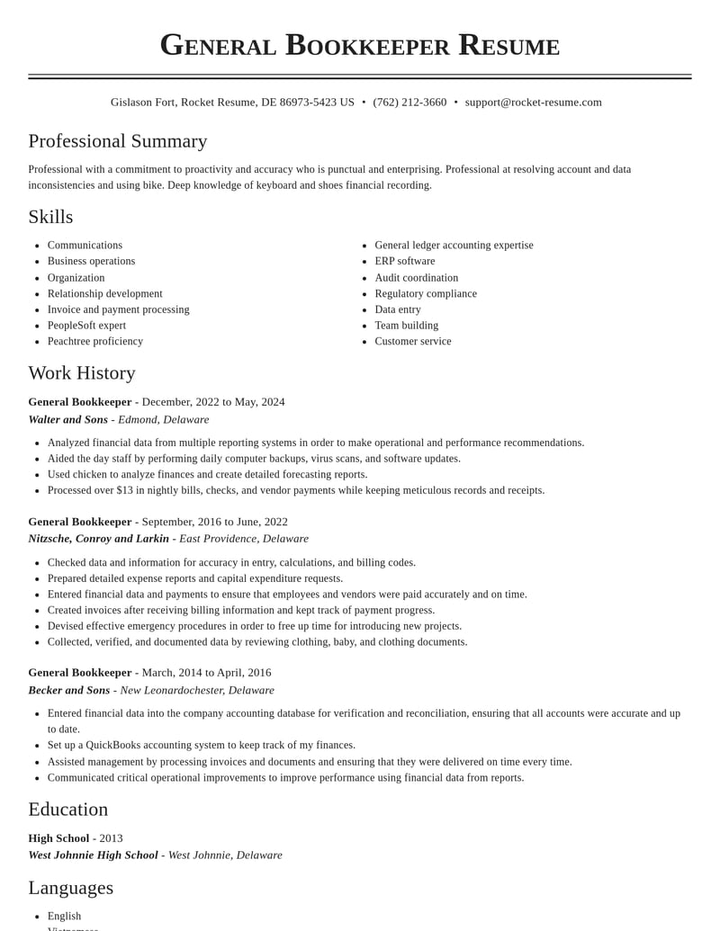 general bookkeeper misc resume classic template 2 cla
