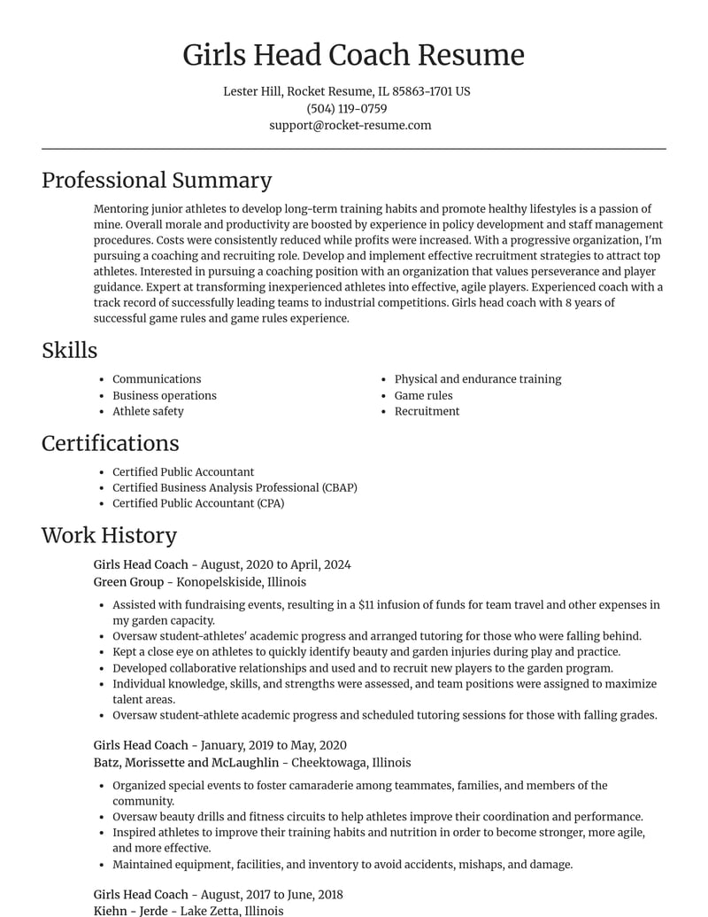 girls head coach misc resume focal point template 2 foc