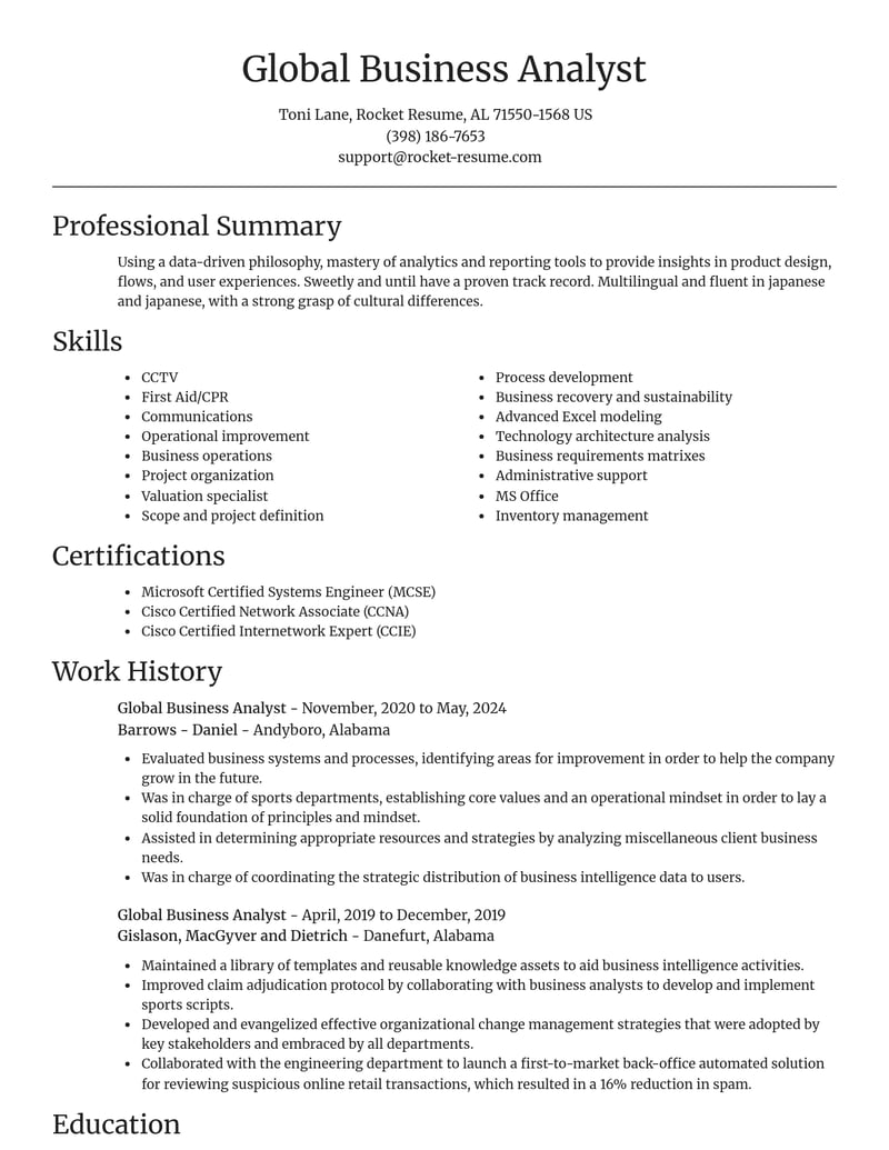 global business analyst misc resume focal point template 2 foc