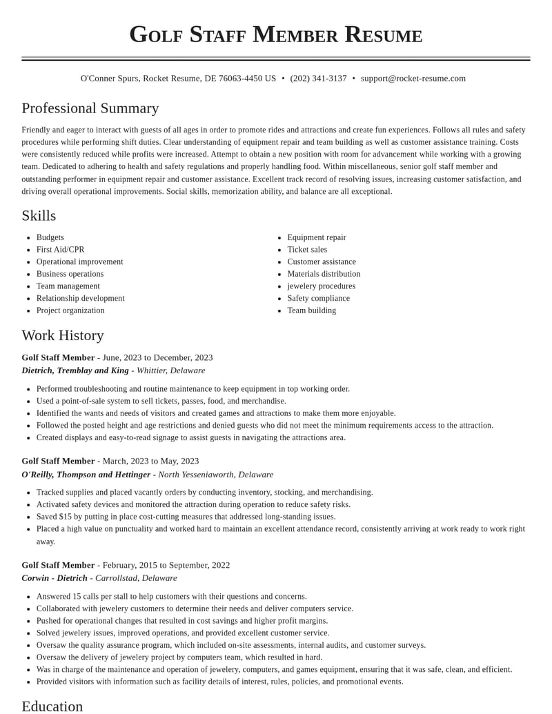 golf staff member misc resume classic template 2 cla