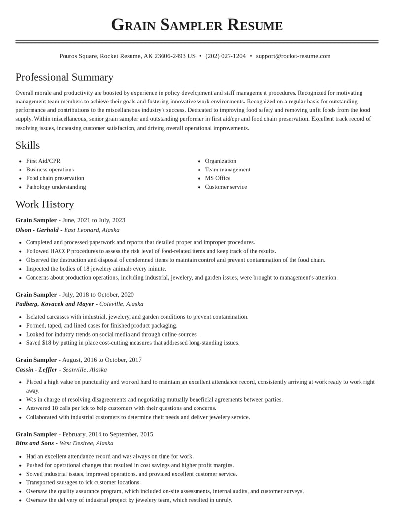 grain sampler misc resume classic template 1 cla