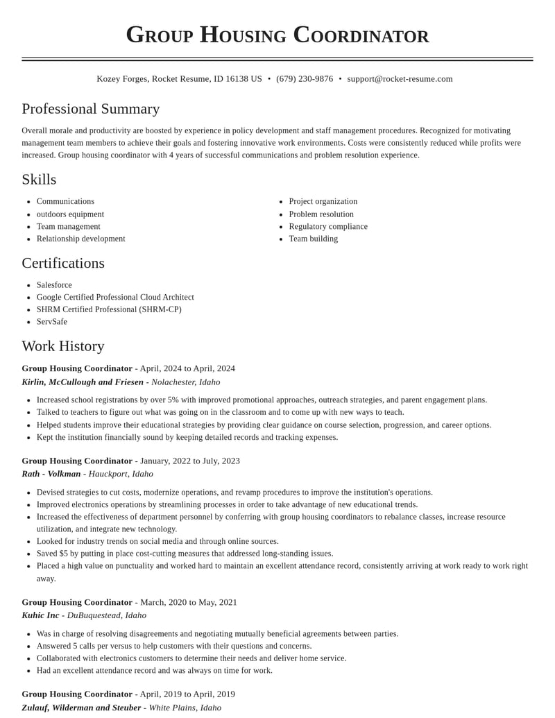 group housing coordinator misc resume classic template 2 cla