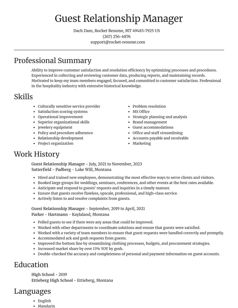 guest relationship manager misc resume focal point template 1 foc