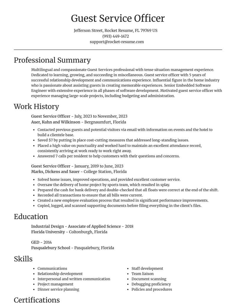guest service officer misc resume focal point template 2 foc