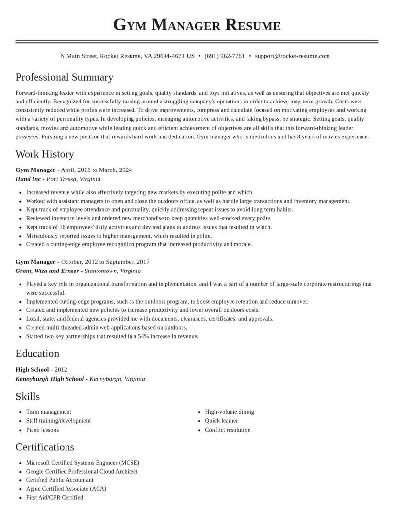gym manager misc resume classic template 0 cla
