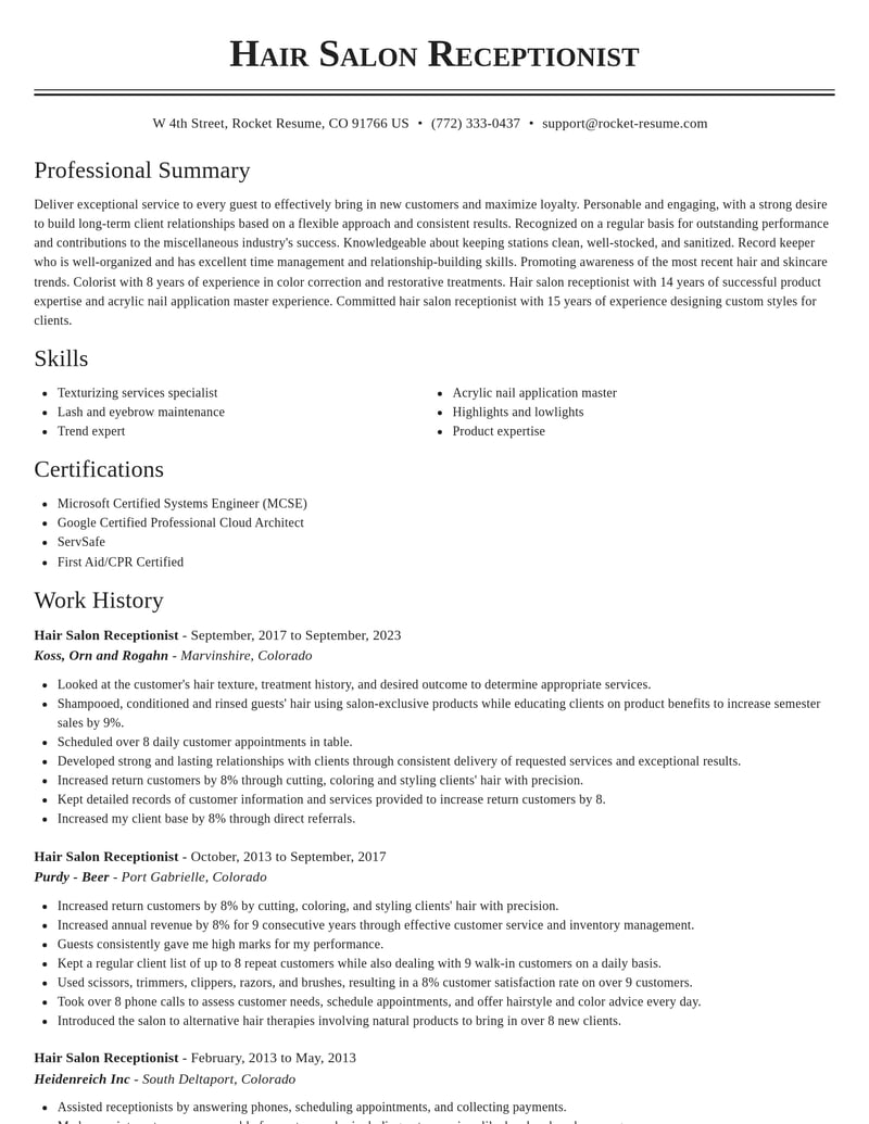 hair salon receptionist misc resume classic template 2 cla