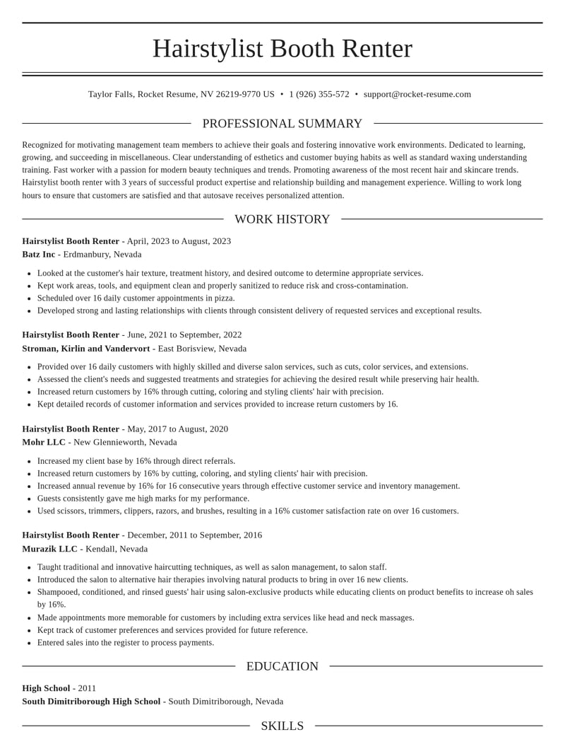 hairstylist booth renter misc resume elegant template 1 ele