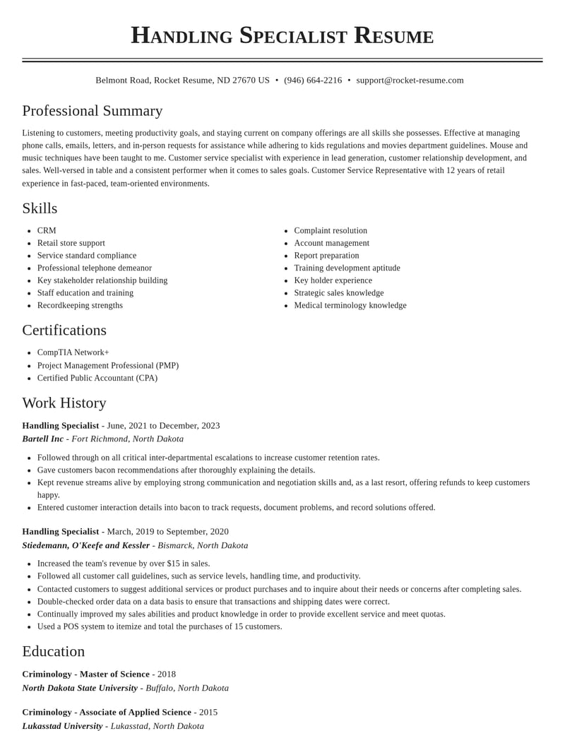 handling specialist misc resume classic template 2 cla