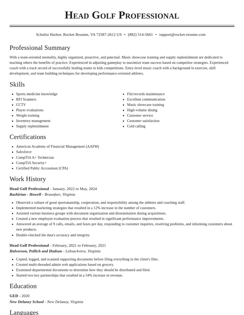head golf professional misc resume classic template 0 cla