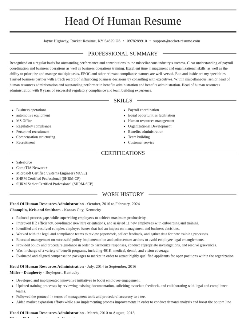 head of human resources administration misc resume elegant template 1 ele