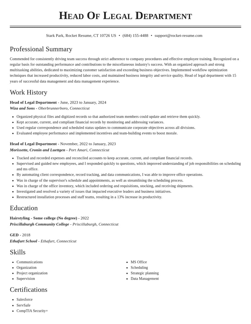 head of legal department misc resume classic template 2 cla