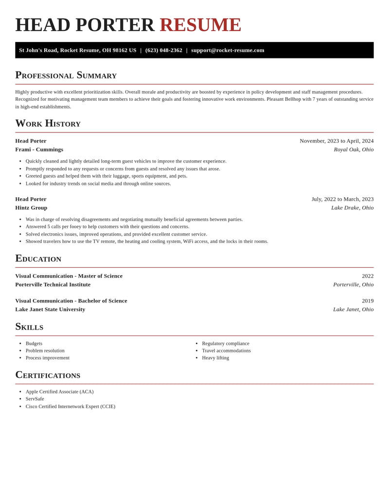 head porter misc resume exquisite template 0 exq