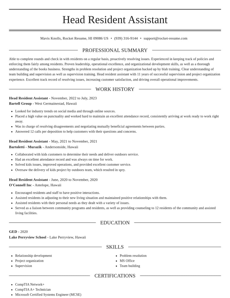 head resident assistant misc resume elegant template 2 ele