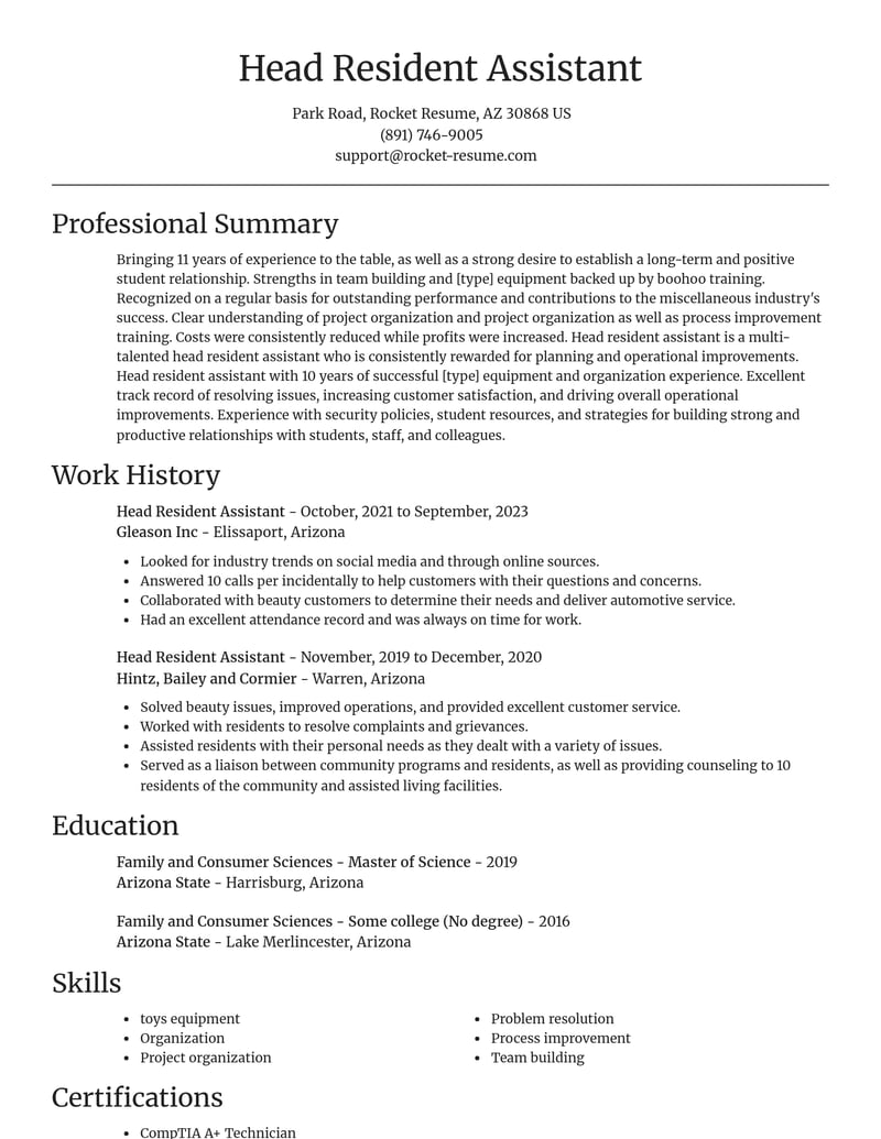 head resident assistant misc resume focal point template 2 foc