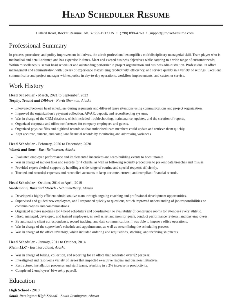 head scheduler misc resume classic template 0 cla