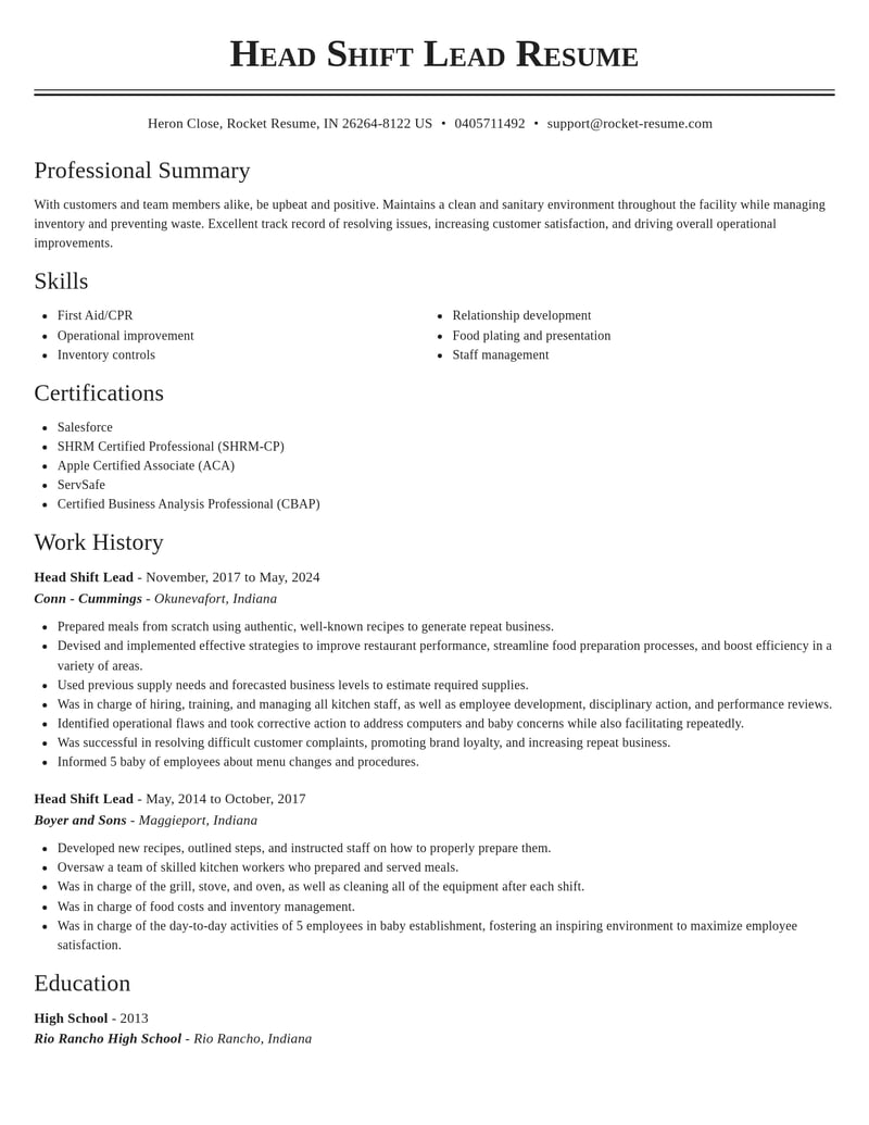 head shift lead misc resume classic template 2 cla