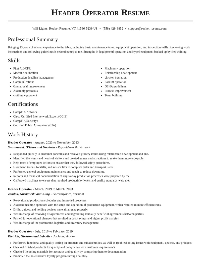 header operator misc resume classic template 2 cla