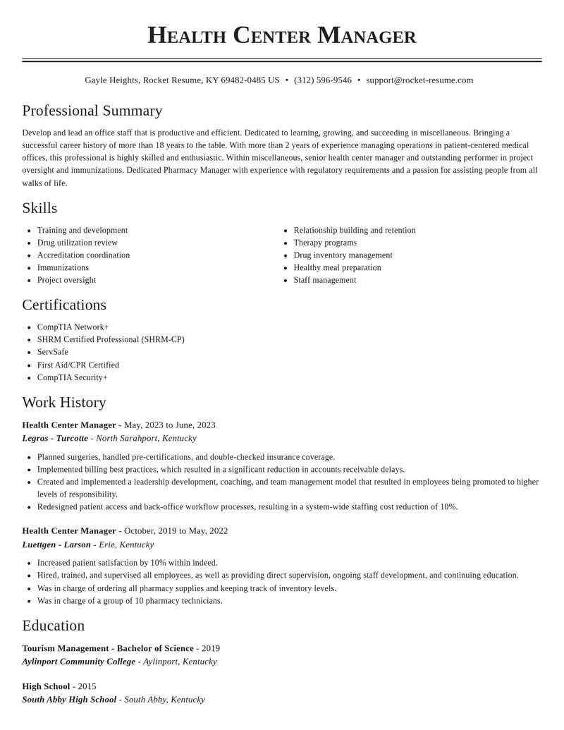 health center manager misc resume classic template 2 cla