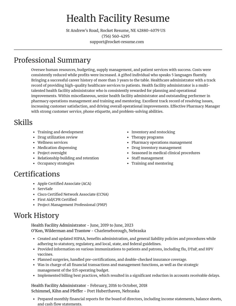 health facility administrator misc resume focal point template 1 foc