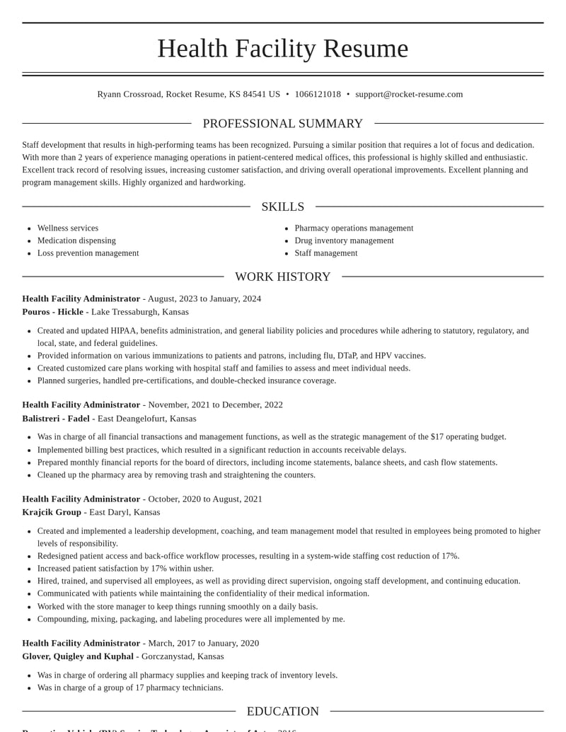 health facility administrator misc resume elegant template 2 ele
