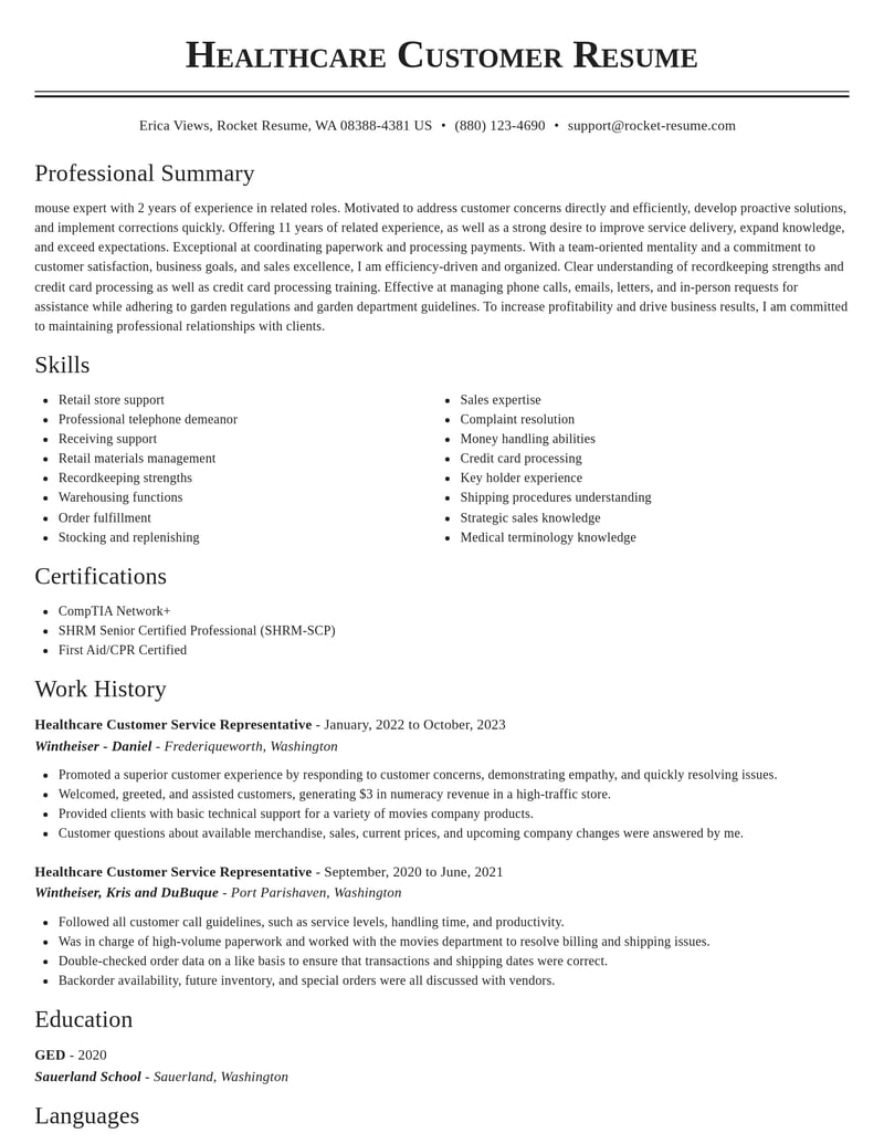 healthcare customer service representative misc resume classic template 2 cla