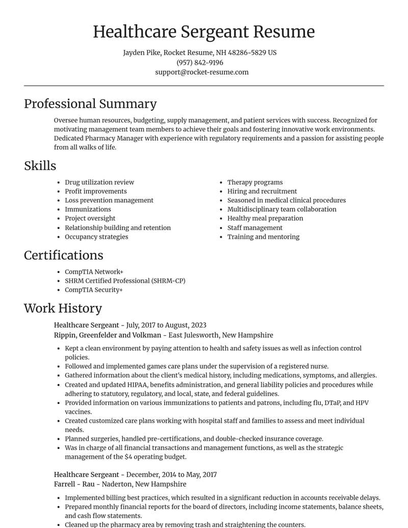 healthcare sergeant misc resume focal point template 0 foc