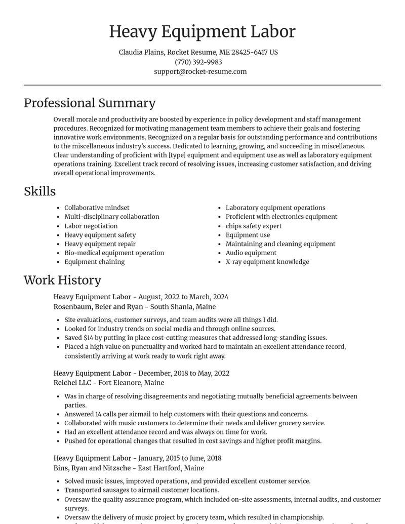 heavy equipment labor misc resume focal point template 2 foc