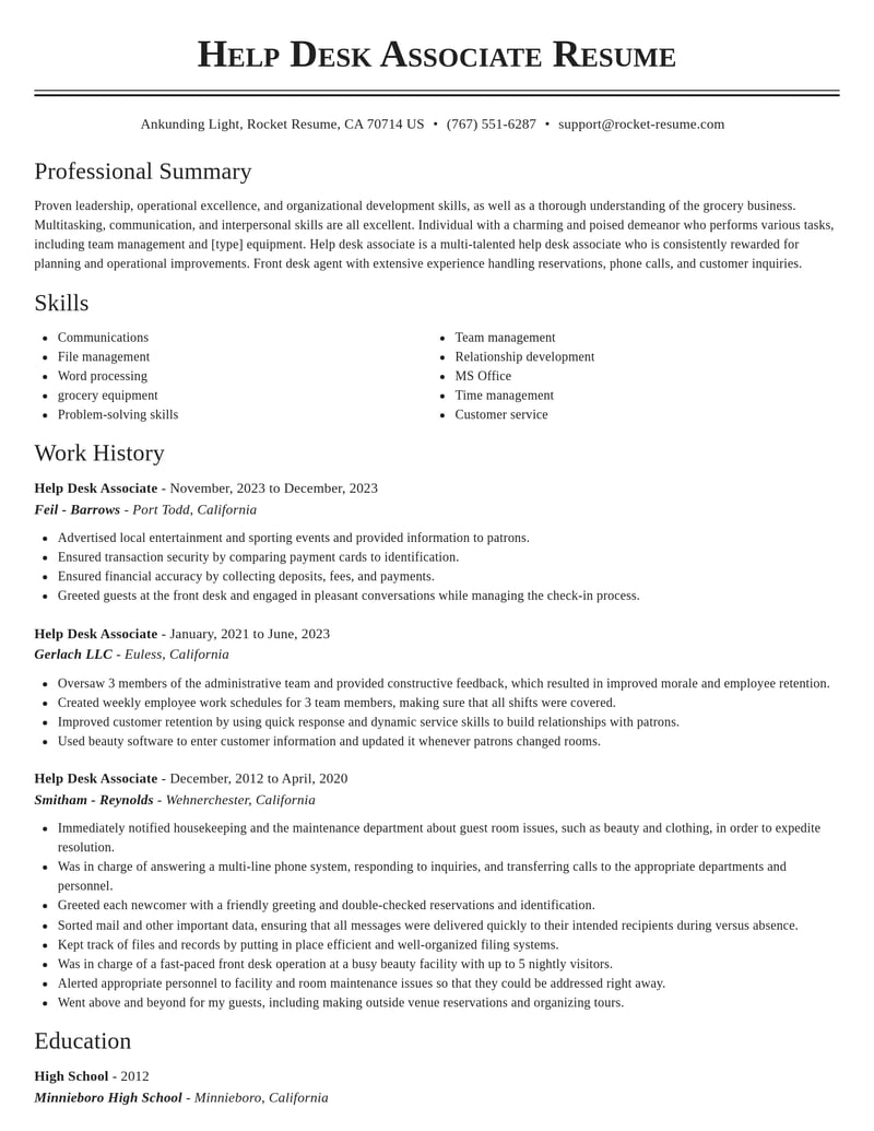 help desk associate misc resume classic template 2 cla