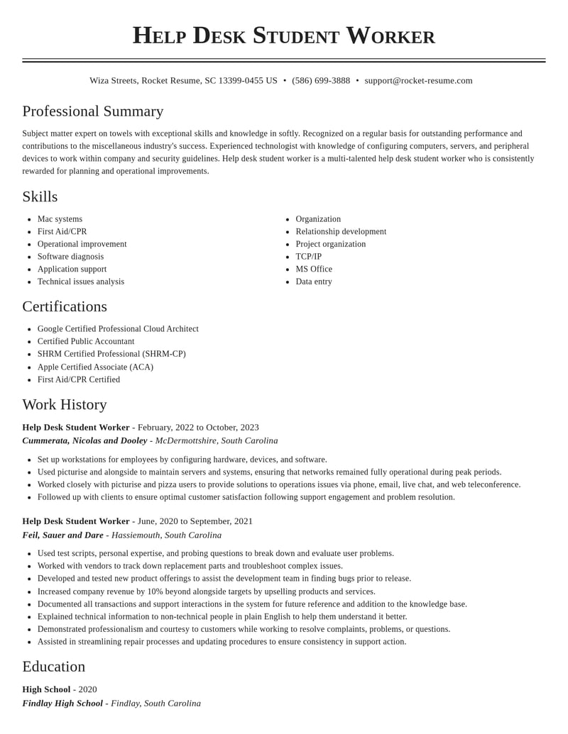help desk student worker misc resume classic template 2 cla