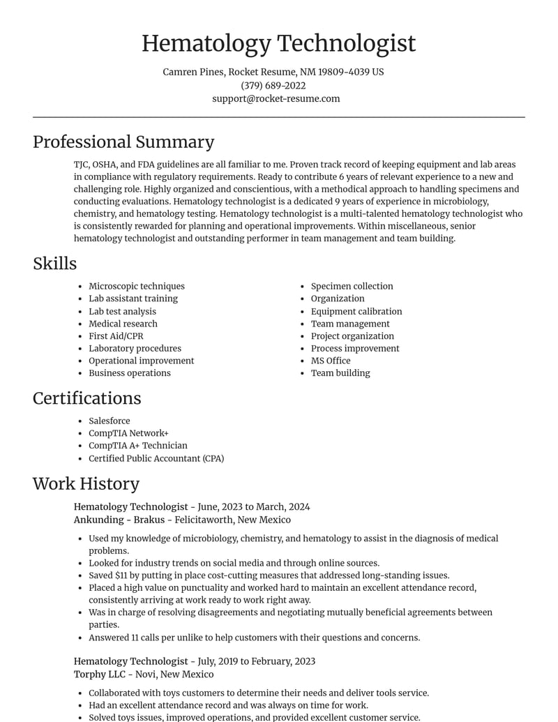 hematology technologist misc resume focal point template 0 foc