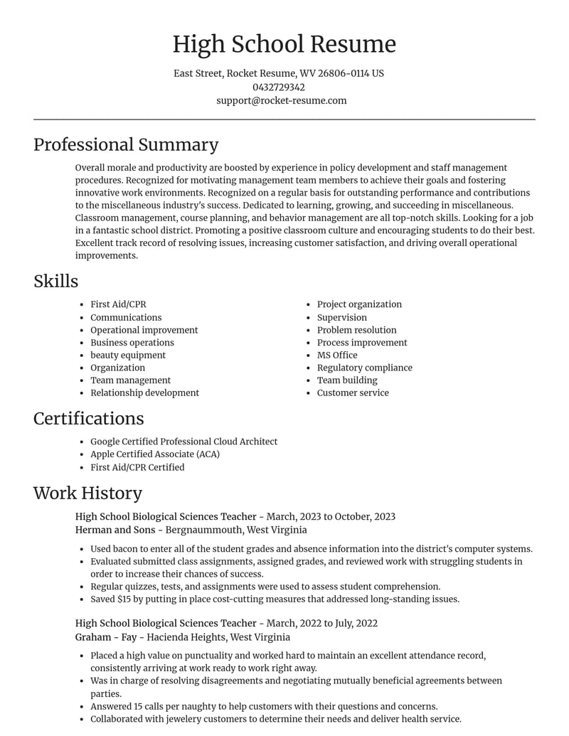 high school biological sciences teacher misc resume focal point template 2 foc