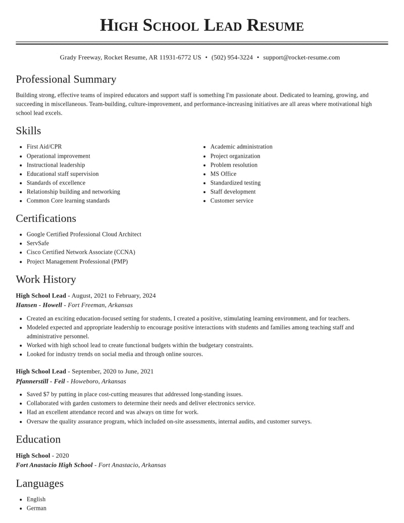 high school lead misc resume classic template 1 cla