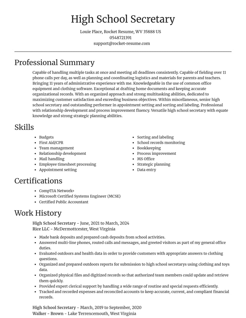 high school secretary misc resume focal point template 0 foc
