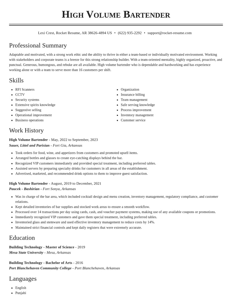 high volume bartender misc resume classic template 0 cla