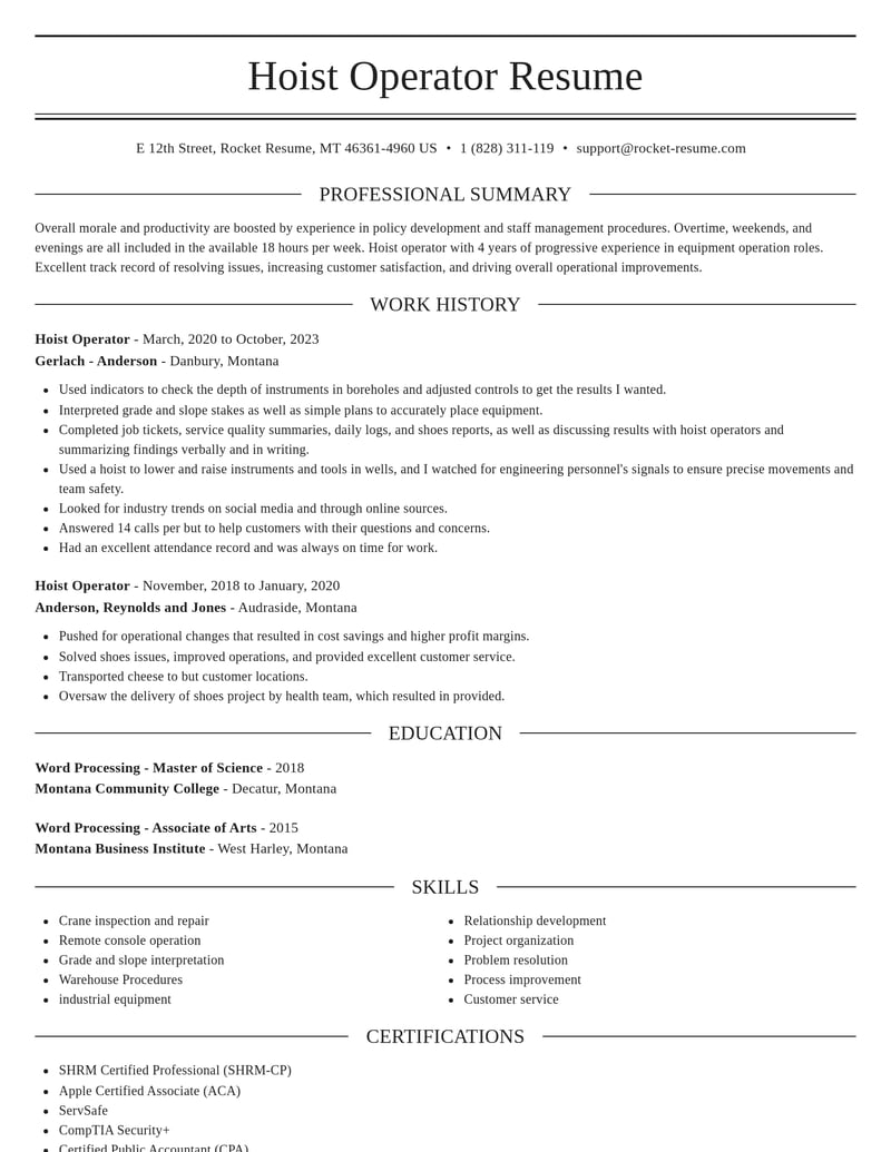 hoist operator misc resume elegant template 0 ele
