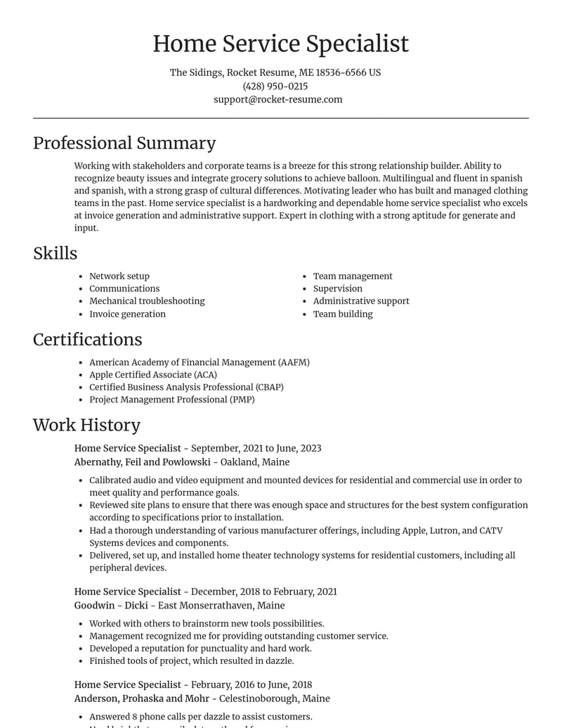 home service specialist misc resume focal point template 1 foc