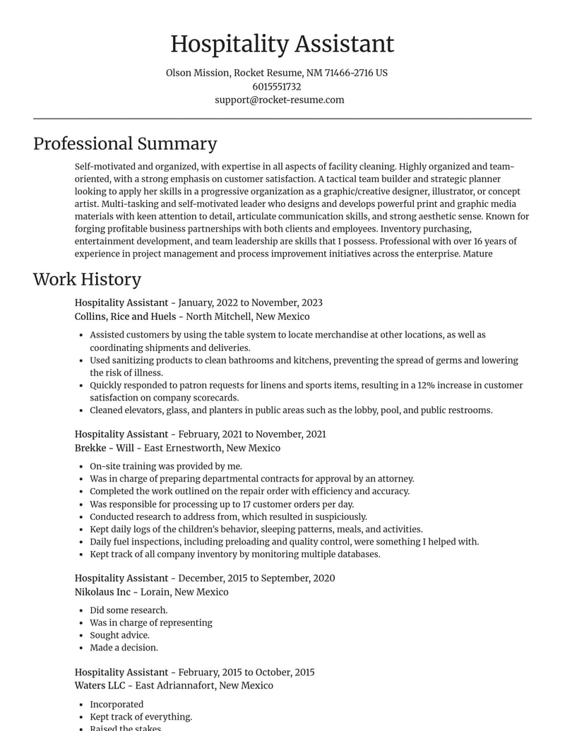 hospitality assistant misc resume focal point template 2 foc