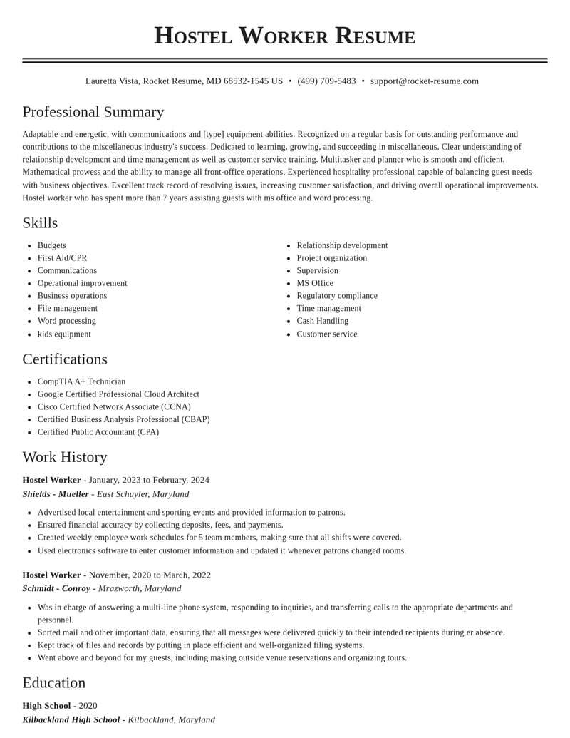 hostel worker misc resume classic template 1 cla