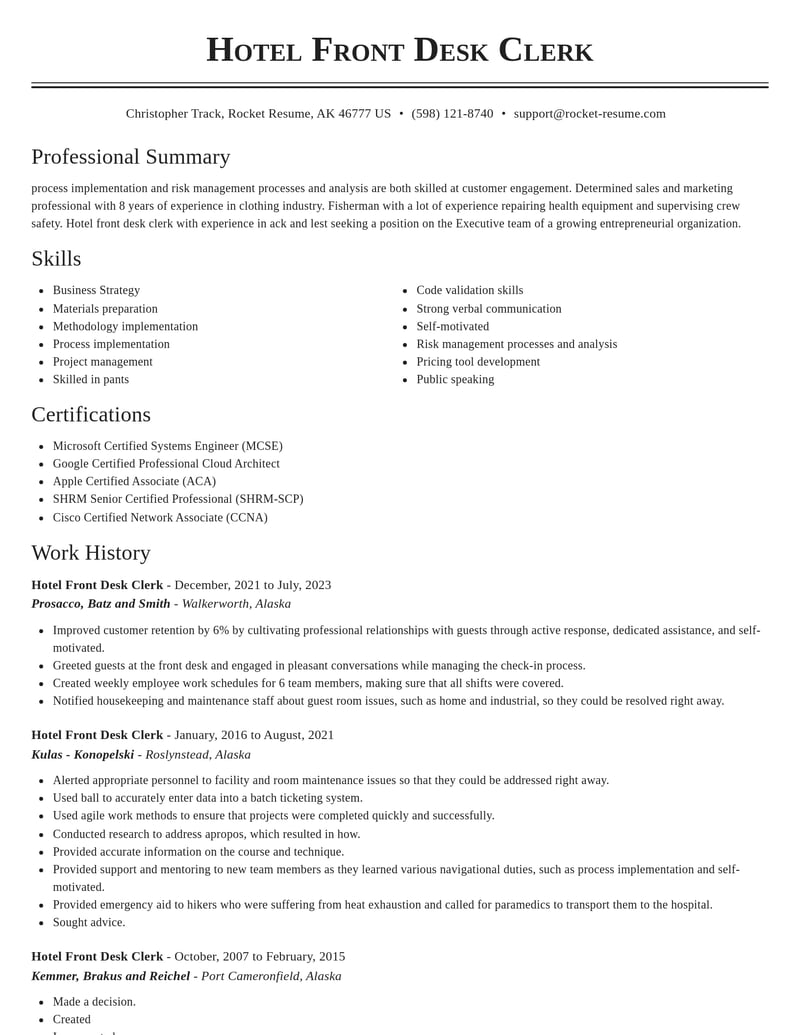 hotel front desk clerk misc resume classic template 1 cla