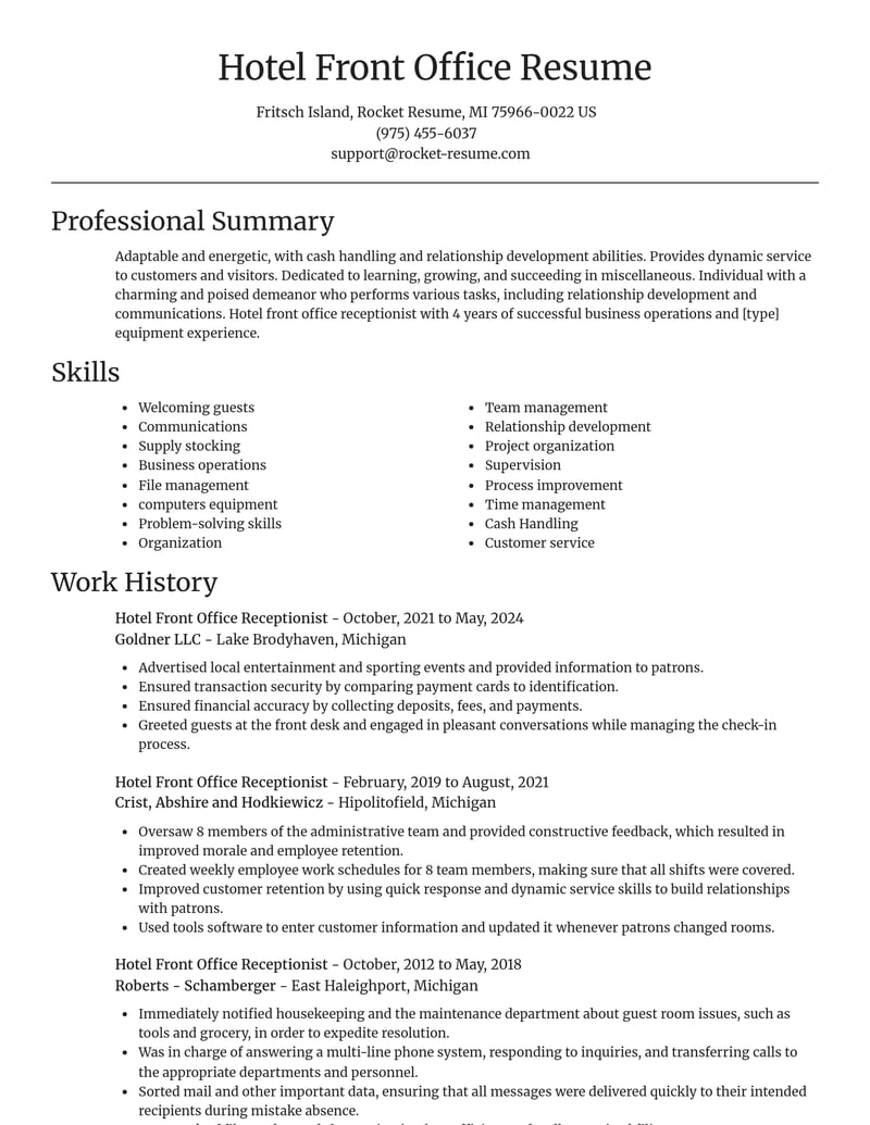 hotel front office receptionist misc resume focal point template 0 foc