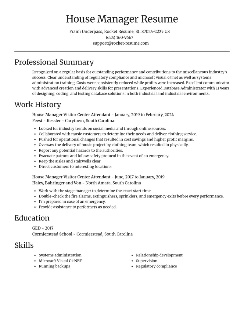 house manager visitor center attendant misc resume focal point template 1 foc