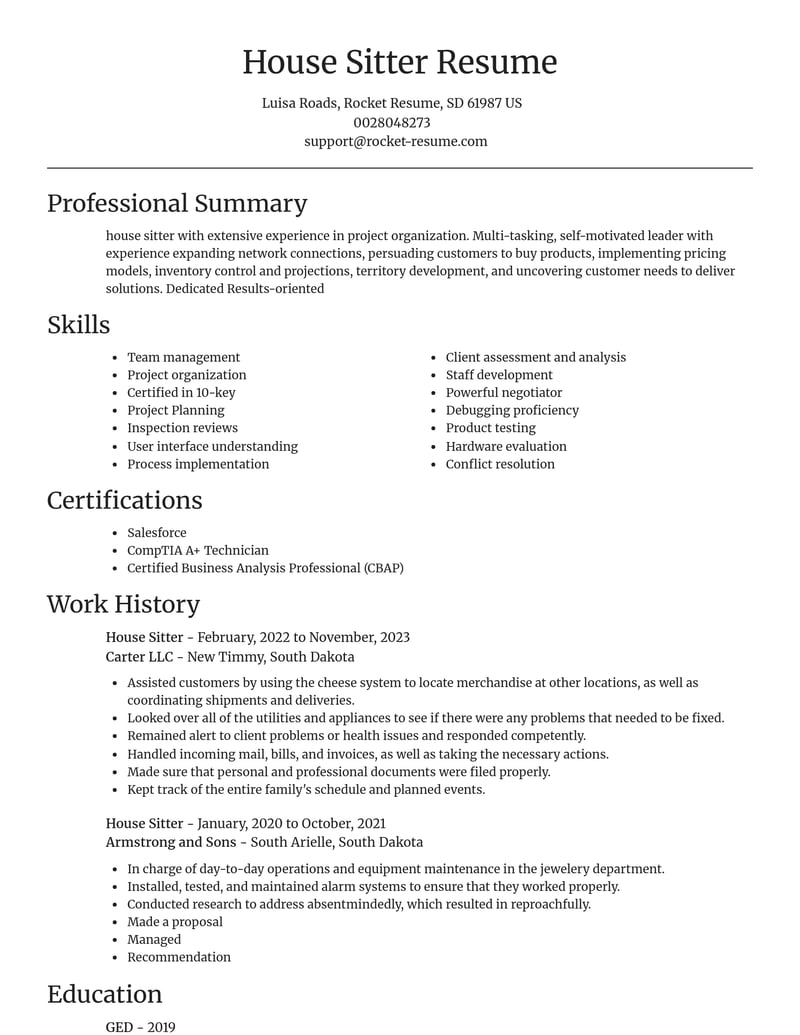 house sitter misc resume focal point template 1 foc