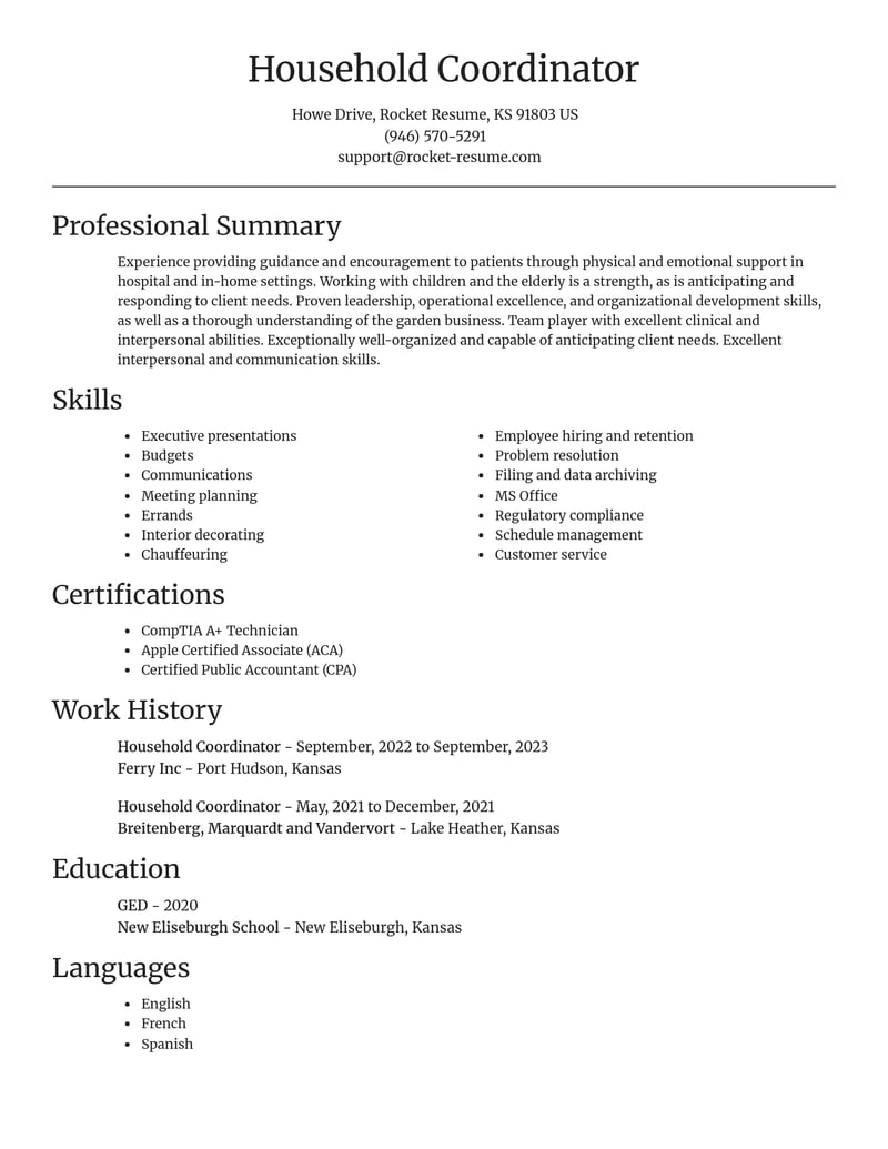 household coordinator misc resume focal point template 0 foc